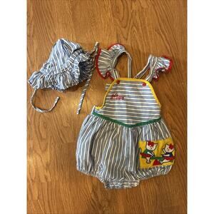 Vintage 80s Baby Bubble Romper & Hat Set Size 18M Applique Primary Colors Stripe
